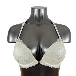 Victoria's Secret PINK Bra Date Push Up Racerback Metallic White Silver Lace 34D